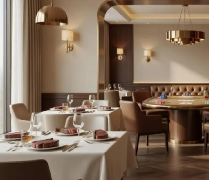 Napfényes steakhouse étterem, amely modern, megvilágított poker szalonná nyílik