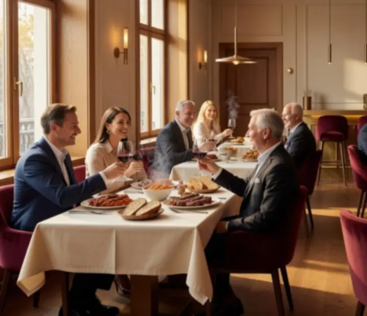 Elegáns steakhouse étteremrész, amely egy napfényes étkezőből modern pókerszalonba nyílik.
