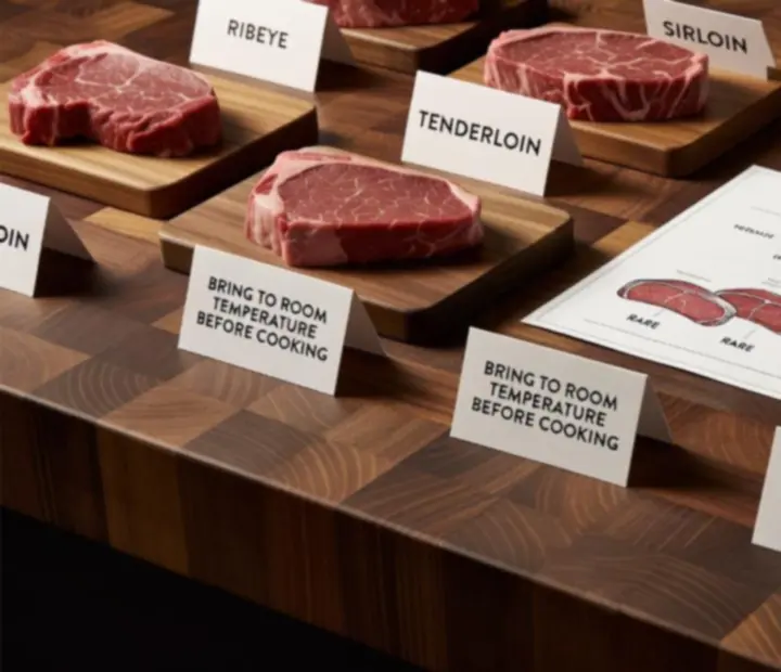 Steakválasztási útmutató illusztráció tányérok és vágások jelölésével