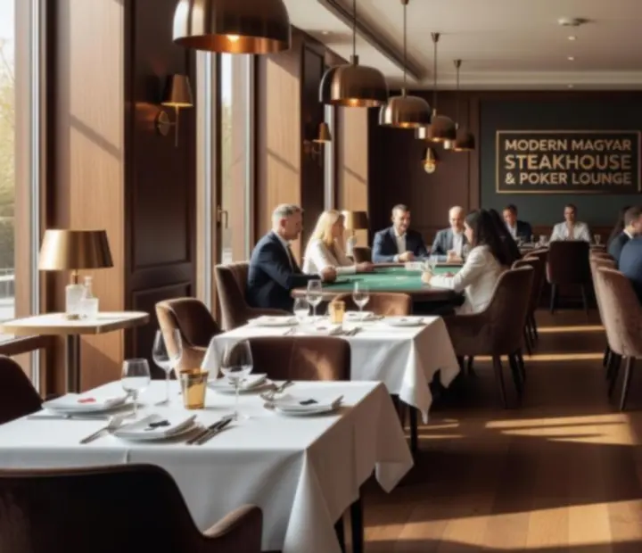 Steakhouse étteremrész, amely elegánsan kapcsolódik a modern offline poker szalonhoz